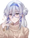  1girl alternate_costume bespectacled blue-framed_eyewear blue_eyes blue_headband double_bun glasses grey_hair gumi_070 hair_bun hair_ornament headband highres mole mole_under_eye nijisanji nijisanji_en round_eyewear simple_background smile solo sweater victoria_brightshield virtual_youtuber white_background x_hair_ornament yellow_sweater 