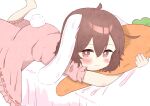  1girl absurdres ahoge animal_ears barefoot blush bright_pupils brown_eyes brown_hair carrot_pillow closed_mouth commentary double-parted_bangs dress feet_out_of_frame feet_up floppy_ears hair_between_eyes highres hugging_object inaba_tewi light_smile lying on_bed on_stomach pillow pillow_hug pink_dress puffy_short_sleeves puffy_sleeves rabbit_ears rabbit_tail short_hair short_sleeves simple_background solo tail tail_through_clothes tewiyu touhou white_background white_pupils 