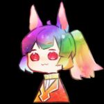  1girl :3 ahoge animal_ears black_background blonde_hair closed_mouth commentary_request dog_ears green_hair harvest_fes jacket librarian_(library_of_ruina) library_of_ruina long_hair multicolored_clothes multicolored_jacket no_nose ponytail project_moon purple_hair rainbow red_eyes red_hair shirt simple_background solo white_shirt 