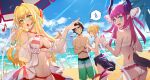  1boy 3girls ahoge artoria_pendragon_(fate) artoria_pendragon_(swimsuit_archer)_(fate) beach beach_umbrella bead_bracelet beads bikini bird black_hair blonde_hair blue_eyes blue_jacket blue_sky blush bracelet braid breasts bubble1995 chinese_commentary closed_mouth clothes_around_waist commentary criss-cross_halter crossed_arms day dragon_girl dragon_horns dragon_tail earrings eighth_note elizabeth_bathory_(fate) elizabeth_bathory_(fate/extra_ccc) fang fate/grand_order fate_(series) flower french_braid frilled_bikini frills fujimaru_ritsuka_(male) fujimaru_ritsuka_(male)_(brilliant_summer) green_eyes green_shorts hair_flower hair_intakes hair_ornament hair_ribbon halterneck hands_up highres holding holding_hose horns hose jacket jacket_around_waist jewelry long_hair looking_at_another medium_breasts multiple_girls musical_note navel nero_claudius_(fate) nero_claudius_(swimsuit_caster)_(fate) no_mouth open_mouth outdoors petals pink_hair pointy_ears purple_horns red_bikini red_flower ribbon sand scrunchie see-through see-through_sleeves short_hair shorts side-tie_bikini_bottom sidelocks skin_fang sky sling_bikini_top small_breasts striped striped_bikini sweatdrop swimsuit tail teeth thought_bubble tree two-tone_bikini two_side_up umbrella upper_teeth_only water white_bikini white_flower white_ribbon white_scrunchie wrist_scrunchie |_| 