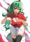  1girl black_thighhighs breasts clenched_hands collared_shirt commentary english_commentary green_eyes green_hair heart heart_print highres horns komano_aunn large_breasts long_hair looking_at_viewer open_mouth red_shirt shirt short_sleeves shorts single_horn solo teasmacker thighhighs touhou white_background white_shorts 