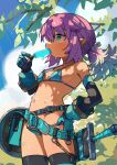  1girl @_@ armor belt bikini_armor blue_eyes blue_sky breasts detached_sleeves elf fantasy food gauntlets green_eyes greentanuki hair_between_eyes hand_on_own_hip highres multicolored_hair navel original oversized_belt oversized_breast_cup oversized_clothes pink_hair pointy_ears ponytail popsicle scabbard sheath shield sky small_breasts sweat sweatdrop sword thighhighs weapon 