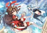  2girls :o above_clouds amber_(genshin_impact) ass bird black_hairband blue_cape blue_gloves blue_hair blue_necktie blue_sky boots breasts brown_hair brown_shorts cape cleavage clenched_teeth clothing_cutout cloud commentary crossed_bangs day eula_(genshin_impact) flying genshin_impact gloves goggles goggles_on_head hair_ribbon hairband high-waist_shorts high_heel_boots high_heels jacket large_breasts leg_up long_hair long_sleeves looking_at_another looking_at_viewer medium_hair multicolored_eyes multiple_girls necktie open_mouth orange_eyes outstretched_arms pillar pouch purple_eyes reaching reaching_towards_viewer red_hairband red_jacket ribbon saylamars short_shorts shorts shoulder_cutout sidelocks sky sunlight teeth thigh_boots thighhighs two-tone_gloves vision_(genshin_impact) white_sleeves white_thighhighs wind_glider 