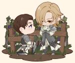  2boys armor blonde_hair blue_eyes bouquet brown_eyes brown_hair chainmail chibi closed_mouth dion_lesage earrings fence final_fantasy final_fantasy_xvi flower food frilled_sleeves frills fruit grapes grass hair_between_eyes holding holding_bouquet jewelry lanaluuart light_blush male_focus medium_hair metal_boots multiple_boys on_one_knee outdoors parted_bangs rock shirt short_hair shoulder_armor smile swept_bangs terrence_(ff16) white_flower white_shirt wooden_fence 