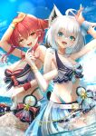  2girls ahoge animal_ear_fluff animal_ears arm_up armlet black_bow blue_nails blush bow braid breasts cleavage cloud cloudy_sky commentary_request fang fox_ears fox_girl green_eyes hair_between_eyes hair_bow heterochromia highres hololive hololive_summer_2023_swimsuit houshou_marine locked_arms long_hair looking_at_viewer medium_breasts mikazuki_cocolo multiple_girls navel ocean open_mouth red_bow red_eyes red_hair red_nails shirakami_fubuki sidelocks single_braid skin_fang sky smile twintails virtual_youtuber wading white_hair yellow_eyes 
