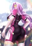  1girl absurdres alternate_costume ass bike_shorts black_shorts blush braid braided_ponytail breasts cycling_uniform fate/grand_order fate_(series) forehead highres large_breasts long_hair looking_at_viewer looking_back medusa_(fate) medusa_(rider)_(fate) parted_bangs parted_lips purple_eyes purple_hair short_sleeves shorts sidelocks sky solo sports_sunglasses very_long_hair zinfian 