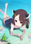  1girl barefoot blade breasts brown_hair collarbone commentary_request feet_up food-themed_hair_ornament foot_out_of_frame forehead frog hair_ornament hairclip headgear hibi_tsuna highres looking_at_animal lying on_stomach partially_submerged pea_pod red_eyes rock school_swimsuit shallow_water short_hair small_breasts solo sweat swept_bangs swimsuit the_pose touhoku_kiritan translation_request twintails twitter_username voiceroid water 