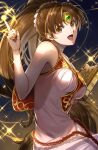  1girl bare_arms bare_shoulders book breasts brown_eyes brown_hair choker circlet delsaber dress fire_emblem fire_emblem:_mystery_of_the_emblem gem glint gradient_background green_gemstone hair_behind_ear hand_up highres holding holding_book index_finger_raised large_breasts light_particles linde_(fire_emblem) long_hair looking_at_viewer magic open_mouth pink_dress ponytail sleeveless sleeveless_dress smile solo sparkle upper_body very_long_hair 
