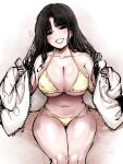  1girl absurdres anuttsuii bikini black_eyes black_hair breasts cleavage collarbone covered_nipples earrings fanged_bangs feet_out_of_frame fingernails gold_bikini grin half-closed_eyes halterneck heart highres jacket jacket_partially_removed jewelry knees large_breasts light_blush long_fingernails long_hair long_sleeves looking_at_viewer nail_polish navel open_clothes open_jacket original pink_nails ribbon_bangs shiny_clothes side-tie_bikini_bottom simple_background sitting sleeves_past_wrists smile solo spoken_heart string_bikini swimsuit thighs underboob unzipped watermark white_background white_jacket 