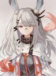  1girl animal_ear_fluff animal_ears arknights armband black_scarf breasts brown_background closed_mouth commentary frostnova_(arknights) grey_eyes grey_hair grey_shirt hair_ornament hair_over_one_eye jacket long_hair looking_at_viewer medium_breasts rabbit_ears rabbit_girl scar scar_on_face scar_on_nose scarf shirt simple_background smile solo touchika white_jacket 