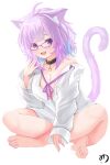  1girl :3 :d absurdres ahoge animal_ear_fluff animal_ears barefoot belt_collar black_collar blue_hair blush breasts cat_ears cat_girl cat_tail collar colored_inner_hair glasses highres hololive large_breasts looking_at_viewer medium_hair multicolored_hair muutsu_(maxwell0916) naked_shirt neck_ribbon nekomata_okayu nekomata_okayu_(4th_costume) official_alternate_costume open_mouth purple-framed_eyewear purple_eyes purple_hair purple_ribbon ribbon shirt smile solo tail virtual_youtuber white_shirt 