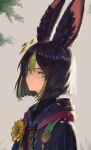  1boy animal_ear_fluff animal_ears black_hair closed_mouth earrings flower fox_boy fox_ears geebee_79 genshin_impact green_eyes green_hair grey_background hair_between_eyes highres hood hood_down jewelry looking_at_viewer male_focus medal multicolored_hair simple_background single_earring solo tighnari_(genshin_impact) upper_body yellow_flower 