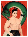  1boy abs asian bara bare_pectorals black_eyes black_hair black_pants chioneoc closed_mouth collarbone dragon eastern_dragon highres holding holding_sword holding_weapon looking_at_viewer male_focus muscular muscular_male nipples original pants pectorals portrait red_background sheath sheathed short_hair solo sword thick_eyebrows topless_male weapon 