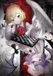  2girls angel_wings bat_wings black_wings blonde_hair board_game bow bowtie brooch brown_vest chair chess chess_piece chessboard commentary_request dress feathered_wings gengetsu_(touhou) grey_wings hair_bow hand_on_own_cheek hand_on_own_face hat hat_ribbon highres holding jewelry juliet_sleeves long_sleeves medium_hair mob_cap multiple_girls open_clothes open_vest parted_lips pink_dress pink_headwear puffy_sleeves purple_hair red_bow red_bowtie red_eyes red_ribbon remilia_scarlet ribbon rokuya_(68_zusao) short_sleeves smile touhou touhou_(pc-98) vest white_wings wings yellow_eyes 