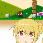  ahoge blonde_hair blush bocchi_the_rock! crossover facial_hair gameplay_mechanics hair_between_eyes ijichi_nijika looking_up mario mario_(series) mustache open_mouth orange_eyes overalls red_shirt running shirt side_ponytail super_mario_world umino-maguro 