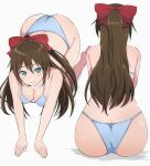  1girl all_fours ass back blue_bra blue_eyes blue_panties bow bra breasts brown_hair commentary_request hair_bow highres long_hair love_live! love_live!_nijigasaki_high_school_idol_club multiple_views ousaka_shizuku panties ponytail red_bow sitting smile underwear wewe 