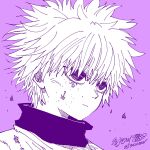  1boy 302now expressionless highres hunter_x_hunter killua_zoldyck male_child male_focus portrait purple_background short_hair signature simple_background solo upper_body white_hair 