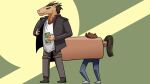  ambiguous_gender anthro boots bottomwear clothed clothing drawfee drawfee_(copyright) duo equid equine footwear fully_clothed hair hi_res horse jacket julia_lepetit mammal money pants shirt t-shirt topwear 
