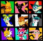  animal animal_ears black_fur blue_fur brown_fur closed_mouth eevee eevee_ears eevee_tail espeon evil_smile flareon fluffy glaceon green_fur highres jolteon kurosame_haiki leafeon long_tail open_mouth pink_fur pokemon pokemon_(creature) red_fur smile sylveon tail umbreon vaporeon white_fur yellow_fur 