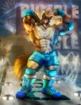  2023 abs absurd_res anthro armpit_hair barazoku biceps big_muscles biped blue_water_dog_(madnis) body_hair boots bottomwear bulge bullstorm canid canine canis chest_fur clothed clothing digital_media_(artwork) digital_painting_(artwork) domestic_dog elbow_pads english_text eyebrows fingerless_gloves flexing footwear gloves handwear happy_trail hi_res inside knee_pads male mammal muscular muscular_anthro muscular_male muscular_thighs open_mouth open_smile pecs pose quads shorts smile solo teeth text thick_thighs tongue topless wrestler 