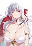  1girl absurdres armlet bare_shoulders body_markings bracelet breasts cleavage closed_mouth collarbone colored_skin durga_(fate) earrings facial_mark fate/grand_order fate_(series) forehead_mark gradient_skin grey_hair hair_ribbon highres hijiri_(sacra_0419) jewelry large_breasts long_hair looking_at_viewer red_eyes red_skin revealing_clothes ribbon solo thumb_ring very_long_hair 