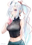  1girl absurdres alternate_costume bare_arms bare_shoulders black_shirt blue_eyes blue_nails breasts commentary_request contemporary crop_top cup disposable_cup drinking drinking_straw drinking_straw_in_mouth earrings fujito_(call_f_) genshin_impact grey_pants hair_ornament hair_over_one_eye half_updo highres holding holding_cup jewelry large_breasts long_hair looking_at_viewer midriff nail_polish navel pants ponytail shenhe_(genshin_impact) shirt simple_background sleeveless sleeveless_shirt solo standing stomach turtleneck twitter_username upper_body very_long_hair white_background white_hair 