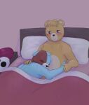  2023 abbytabbys anthro azulin_(unicorn_wars) bear bed bedding biped blanket cabo_pompon_(unicorn_wars) duo embrace eyes_closed furniture hi_res hug lying mammal pillow scar unicorn_wars 