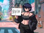  1girl bare_shoulders black_choker black_hair black_jacket black_pants blurry blurry_background breasts choker cleavage closed_mouth collarbone expressionless glasses highres holding holding_paper jacket midriff navel original pants paper prostitution short_hair solo tank_top tina_fate 