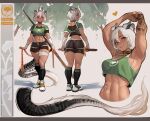  1girl abs animal_ears arm_tattoo armpits artist_name ass bandages breasts character_name choker commentary dark-skinned_female dark_skin dragon_girl dragon_horns dragon_tail english_commentary grey_hair hair_between_eyes heart highres horns indie_virtual_youtuber looking_at_viewer medium_breasts mole mole_under_eye navel parted_lips sansin_jin scar second-party_source short_hair shorts smile standing tail tattoo teeth tiger_ears toxxy virtual_youtuber watermark 