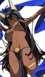  1girl ahoge animal_ears armlet arms_up black_hair blush breasts cleavage dark-skinned_female dark_skin fang feet_out_of_frame from_below highres large_breasts loincloth long_hair looking_at_viewer looking_down navel open_mouth original outstretched_arm shawl skindentation solo standing swimsuit thigh_strap tonki v-shaped_eyebrows white_background yellow_eyes 