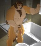  2023 anthro arm_tuft baodory bathroom bathtub biceps bodily_fluids brown_hair canid canine canis chest_tuft deltoids elbow_tuft facial_hair fur genital_fluids genitals hair hi_res holding_penis male mammal multicolored_body multicolored_fur nipples nude obliques pecs peeing penis pubes sideburns toilet toilet_use triceps tuft two_tone_body two_tone_fur urine wolf yellow_body yellow_fur 