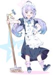  1girl :d ahoge alternate_costume apron blue_archive commentary_request enmaided frilled_apron frills full_body hair_between_eyes hair_ornament halo hand_on_own_hip highres holding holding_mop long_hair looking_at_viewer low_twintails maid maid_apron maid_headdress mop multicolored_hair pocket purple_eyes purple_hair reisa_(blue_archive) short_sleeves sidelocks simple_background smile solo standing star_(symbol) star_hair_ornament streaked_hair takano_itsuki twintails two-tone_hair white_background 