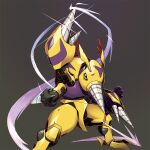  2019 2_toes antennae_(anatomy) anthro arm_markings armor arthropod bandai_namco beetle digimon digimon_(species) digital_media_(artwork) digmon feet green_eyes head_markings horn insect insect_wings male markings multi_arm multi_limb purple_markings simple_background solo standing tg_marlo toes wings yellow_body 