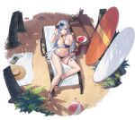  1girl ass_visible_through_thighs azur_lane bare_shoulders beach_chair bikini blue_bikini blue_eyes blue_hair blush bracelet breasts choker cleavage closed_mouth collarbone eyewear_on_head flower food fruit hair_flower hair_ornament hand_on_eyewear hat highres jewelry large_breasts long_hair looking_at_viewer mole mole_on_thigh multi-strapped_bikini multicolored_bikini multicolored_clothes navel non-web_source official_alternate_costume official_art palm_leaf palm_tree plate see-through see-through_sleeves skindentation smile solo stomach sun_hat sunglasses surfboard swimsuit thigh_strap thighs ticonderoga_(azur_lane) ticonderoga_(sunshine_princess)_(azur_lane) tomohiro_kai tree two-tone_bikini watermelon watermelon_slice white_bikini 