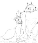  2023 alopex anthro asthexiancal canid canine canis clothed clothing death_(puss_in_boots) duo eye_contact female fox fur greyscale hi_res looking_at_another male mammal monochrome mostly_nude sketch teenage_mutant_ninja_turtles wolf 