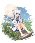  1girl 8_nana_usagi animal_ear_fluff animal_ears barefoot blue_collar blue_eyes blue_hair blue_sky blush breasts cat_ears cloud collar fins fish_tail gawr_gura grass grey_hair hair_ornament highres hololive hololive_english looking_at_viewer multicolored_hair open_mouth shark_girl shark_hair_ornament shark_tail shirt sidelocks sitting sitting_on_stairs skirt sky small_breasts smile stairs streaked_hair tail two_side_up virtual_youtuber white_shirt white_skirt 