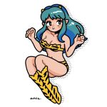  1girl animal_print aqua_hair ashe_826 bare_shoulders black_eyes breasts cleavage halftone hands_up highres horns knees_up long_hair lum navel signature simple_background smile solo tiger_print urusei_yatsura white_background 
