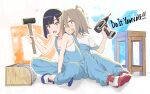  2girls ahoge bandaid bandaid_on_cheek bandaid_on_face bandaid_on_nose black_hair blue_overalls bob_cut closed_mouth colored_inner_hair commentary copyright_name do_it_yourself!! english_text grey_hair hair_between_eyes hammer highres holding holding_hammer holding_power_drill indian_style leaning_on_person midiman multicolored_hair multiple_girls open_mouth outline overalls power_drill purple_hair red_eyes shirt shoes short_hair short_sleeves sitting smile sneakers strap_slip strapless strapless_shirt suride_miku t-shirt text_background white_footwear white_outline white_shirt yua_serufu 