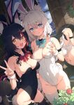  2girls :d :q absurdres ahoge animal_ear_fluff animal_ears ass bare_shoulders black_hair black_leotard black_thighhighs blue_bow blue_bowtie blue_eyes bow bowtie breasts cleavage closed_mouth extra_ears fake_animal_ears fox_girl hand_on_another&#039;s_ass highres hololive large_breasts lens_flare leotard looking_at_viewer medium_breasts mirror multiple_girls ookami_mio open_mouth playboy_bunny rabbit_ears red_bow red_bowtie reflection shirakami_fubuki smile sy4 thighhighs thighs tongue tongue_out v virtual_youtuber white_hair white_leotard white_thighhighs window wolf_girl yellow_eyes 