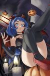  1girl absurdres alternate_costume bat_(animal) black_capelet black_dress black_thighhighs blue_eyes blue_hair blue_nails boku_no_hero_academia candle capelet curled_horns demon_tail demon_wings dress fake_horns fengling_(furin-jp) fire full_moon hadou_nejire halloween halloween_costume high_heels highres horns jack-o&#039;-lantern long_hair looking_at_viewer moon night night_sky outdoors pointy_ears red_horns sky solo tail thighhighs very_long_hair wings 