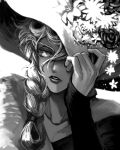  1boy birthmark braid collarbone commentary_request earrings flower giorno_giovanna hat jewelry joestar_birthmark jojo_no_kimyou_na_bouken lipstick long_hair long_sleeves looking_to_the_side makeup male_focus monochrome outdoors solo sun_hat vento_aureo zakki 