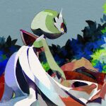  1girl artist_name bent_over blue_sky colored_skin commentary_request dated day feet_out_of_frame flower from_behind gardevoir green_hair green_skin highres looking_at_viewer looking_back multicolored_skin no_humans plant pokemon pokemon_(creature) red_eyes reirou_(re16ko89) short_hair signature sky solo sparkle two-tone_skin white_skin 