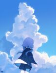  1girl arknights black_shorts blue_jacket blue_poison_(arknights) blue_theme cloud cloudy_sky cowboy_shot cumulonimbus_cloud dailybloopy floating_hair from_behind highres jacket long_hair long_sleeves low_twintails nape pink_hair shorts sky solo twintails 