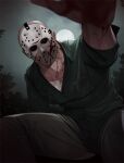  1boy abs bara blood blood_on_face blood_on_hands cover cover_page doujin_cover feet_out_of_frame foreshortening friday_the_13th full_moon hockey_mask horror_(theme) jason_voorhees kaidou_j1 large_pectorals looking_at_viewer male_focus mask moon muscular muscular_male outstretched_hand pectoral_cleavage pectorals reaching reaching_towards_viewer solo stomach 