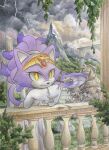  1girl blaze_the_cat dress finik forehead_jewel gem gloves grey_sky highres looking_at_viewer outdoors purple_fur red_gemstone sky snake solo sonic_(series) white_dress white_gloves yellow_eyes 