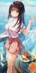  1girl black_hair blurry blurry_background breasts brown_eyes collared_shirt drink floral_print food highres juice long_hair looking_at_viewer majiro_(mazurka) medium_breasts miniskirt original pink_skirt sandwich shirt shirt_tucked_in short_sleeves skirt solo tented_shirt water white_shirt 