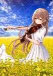  1girl absurdres blush braid brown_hair center_frills collared_dress day dress field flower flower_field frilled_shirt_collar frills green_eyes half-closed_eyes highres holding_bow_(music) holding_violin instrument kankake_kann_kake long_hair music original outdoors playing_instrument rapeseed_blossoms short_sleeves sky smile solo very_long_hair violin 