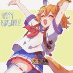  1girl ^_^ animal_ears aona_(gummy_um) arms_up backpack bag blue_skirt bracelet closed_eyes ema hair_ornament happy_birthday heart heart_in_eye horse_ears horse_girl horse_tail jewelry matikanefukukitaru_(umamusume) neckerchief open_mouth orange_hair outline outstretched_arms pleated_skirt red_neckerchief sailor_collar shirt short_hair short_sleeves skirt solo symbol_in_eye tail thighhighs umamusume white_outline white_shirt white_thighhighs zettai_ryouiki 