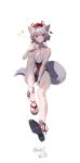  1girl animal_ears bare_shoulders breasts commission full_body hat highres inubashiri_momiji pom_pom_(clothes) red_eyes red_headwear short_hair solo swimsuit taeminhyeon tail thighs tokin_hat touhou white_background white_hair wolf_ears wolf_girl wolf_tail 