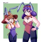  animal_ears blonde_hair brown_headwear fake_animal_ears hair_ornament hat highres karebu52 leaf leaf_hair_ornament leotard maple_leaf mirror moriya_suwako pantyhose playboy_bunny purple_hair purple_vest rabbit_ears rope strapless strapless_leotard touhou vest yasaka_kanako 